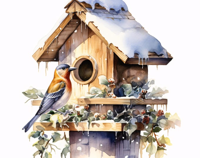 Winter Birdhouse Clipart, Snow Bird Images, 10 Watercolor Clip Art, Printable JPGs, Instant Download, Commercial Use, Paper craft