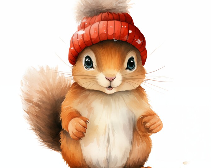 Squirrel Clipart, Squirrel in Hat Images, 10 Watercolor Clip Art, Printable JPGs, Instant Download, Commercial Use, Paper craft