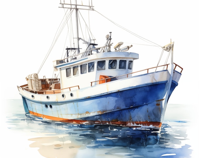Fishing Boat Clipart, Fishing Trawler Images, 10 Watercolor Clip Art, Printable JPGs, Instant Download, Commercial Use, Paper craft