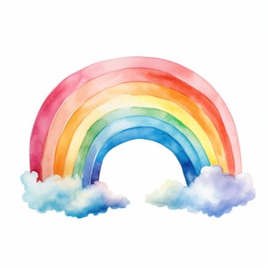 May include: A watercolour painting of a rainbow with clouds. The rainbow is made up of the colours red, orange, yellow, green, blue, indigo, and violet. The clouds are white and fluffy.