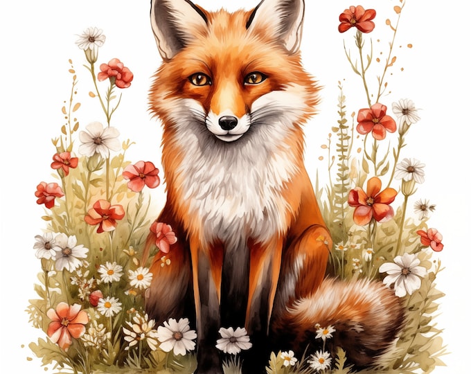 Red Fox Clipart, Fox with Flowers Images, 10 Watercolor Clip Art, Printable JPGs, Instant Download, Commercial Use, Paper craft