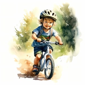 Kinder Radfahren Clipart, Fahrrad fahrende Bilder, 10 Aquarell Clip Art, druckbare JPGs, Sofort Download, kommerzielle Nutzung, Papiermodell