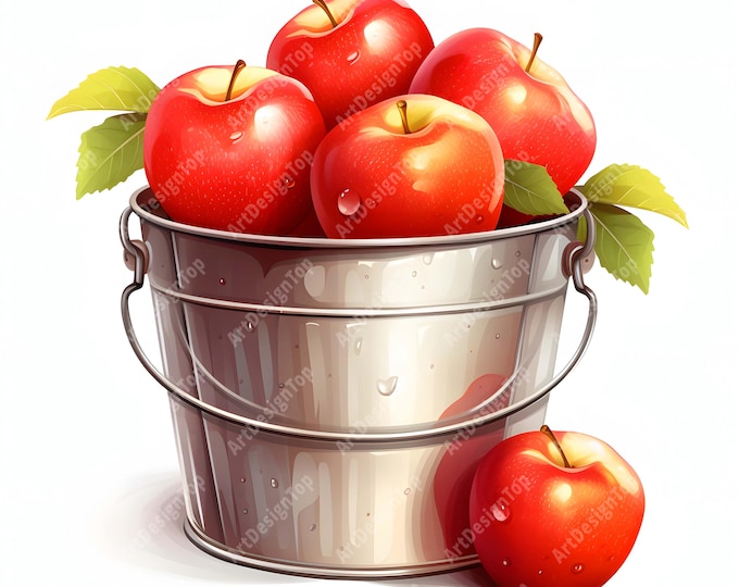 Ripe Apples Clipart, Apples In Bucket Images, 10 Watercolor Clip Art, Printable JPGs, Instant Download, Commercial Use, Paper craft
