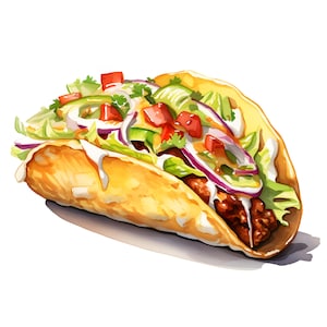 Watercolor Taco Clipart: Mexican Food Art, Commercial Use (JPGs)