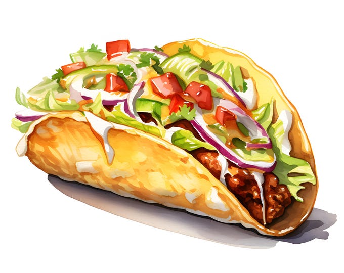 Taco Clipart, Mexican Food Images, 10 Watercolor Clip Art, Printable JPGs, Instant Download, Commercial Use, Paper craft