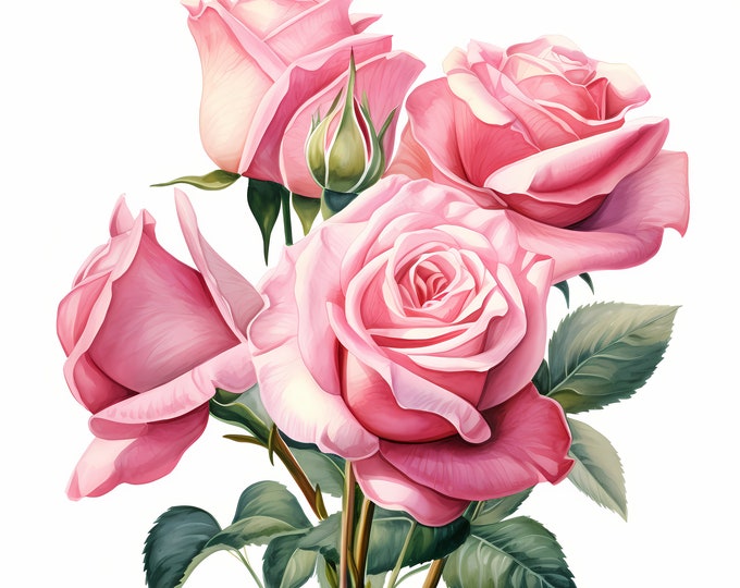 Pink Roses Clipart, Roses Bouquet Images, 10 Watercolor Clip Art, Printable JPGs, Instant Download, Commercial Use, Paper craft