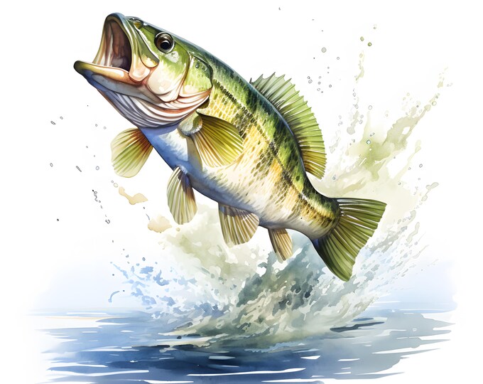Jumping Bass Clipart, Bass Fishes Images, 10 Watercolor Clip Art, Printable JPGs, Instant Download, Commercial Use, Paper craft