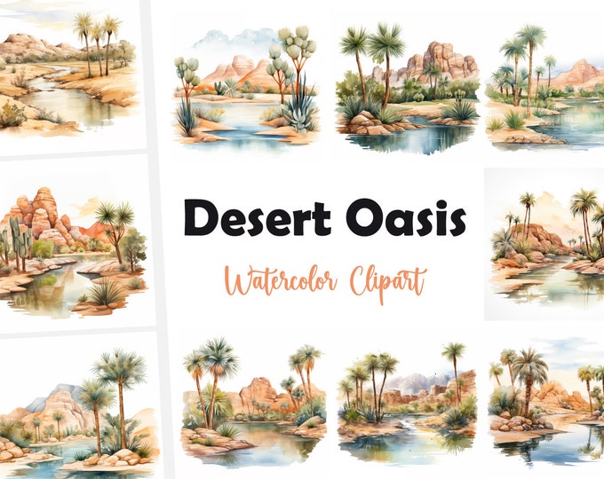 Oasis Clipart, Desert Oasis Images, 10 Watercolor Clip Art, Printable JPGs, Instant Download, Commercial Use, Paper craft