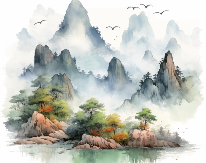 Chinese Mountains Clipart, Mountain Landscape Images, 10 Watercolor Clip Art, Printable JPGs, Instant Download, Commercial Use, Paper craft