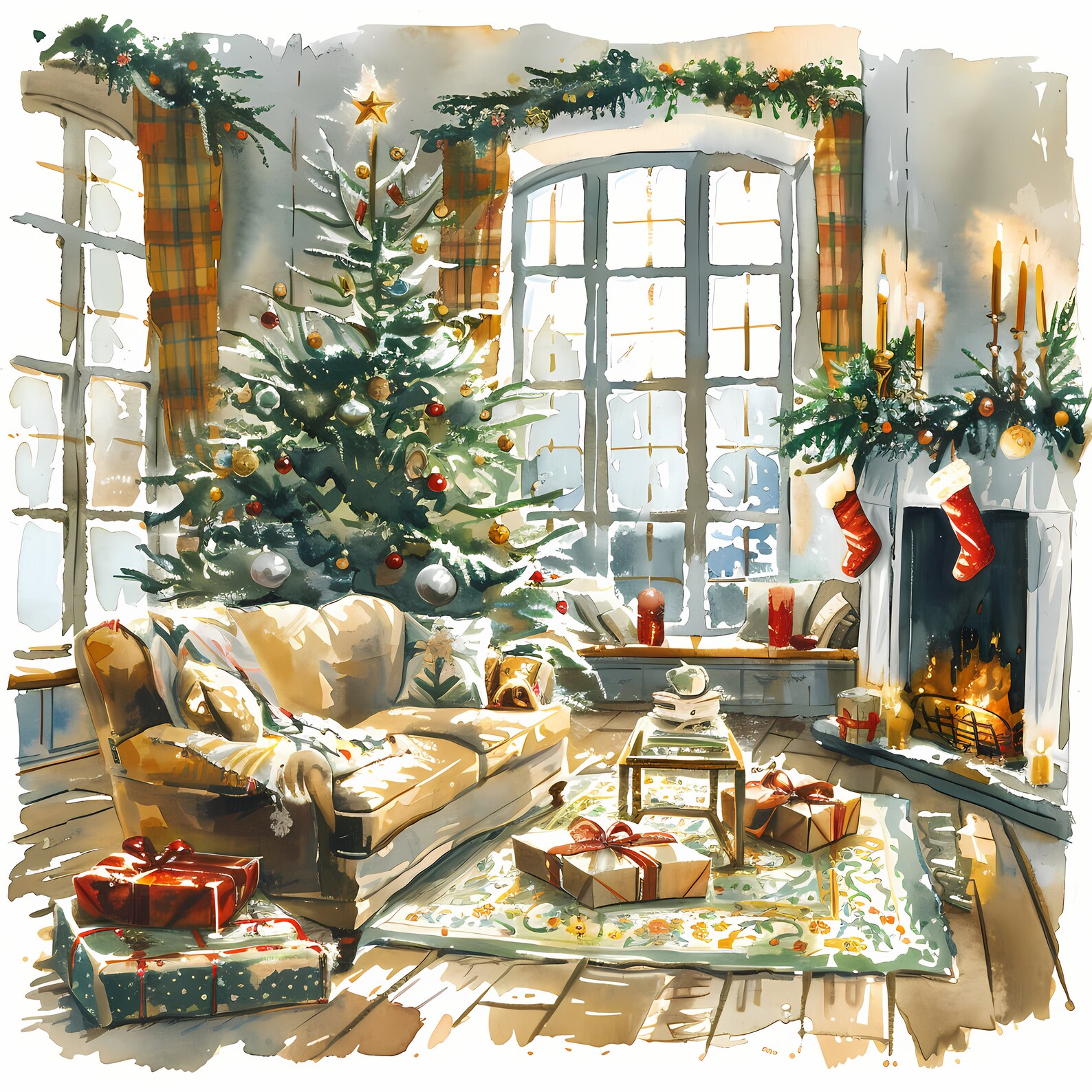 Christmas Room Clipart, Cozy Living Room Images, 10 Watercolor Clip Art ...