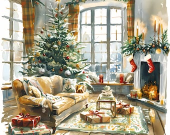 Christmas Room Clipart, Cozy Living Room Images, 10 Watercolor Clip Art, Printable JPGs, Instant Download, Commercial Use, Paper craft