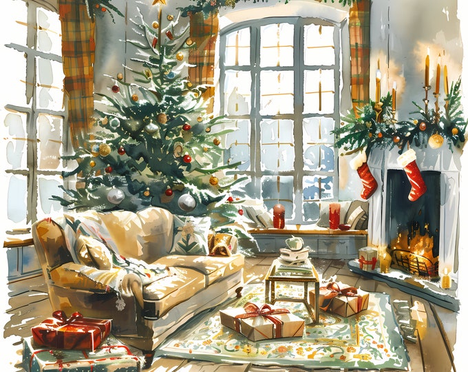 Christmas Room Clipart, Cozy Living Room Images, 10 Watercolor Clip Art, Printable JPGs, Instant Download, Commercial Use, Paper craft