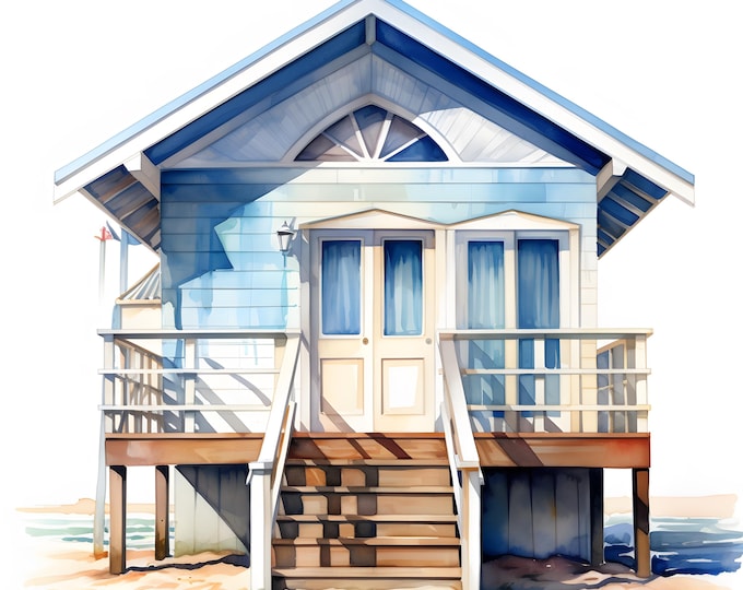 Beach Hut Clipart, Beach House Images, 10 Watercolor Clip Art, Printable JPGs, Instant Download, Commercial Use, Paper craft