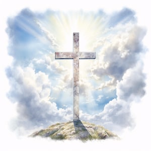 May include: A marble-effect cross stands on a grassy hill, illuminated by sunlight and framed by fluffy white clouds against a blue sky. The cross casts a long shadow, creating a peaceful, spiritual scene.