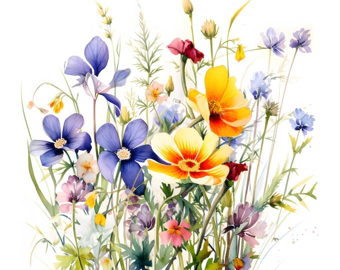 Wild Flowers Clipart, Wildflower Images, 10 Watercolor Clip Art, Printable JPGs, Instant Download, Commercial Use, Paper craft