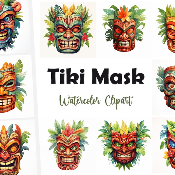 Tiki Mask, Hawaiian Tiki Mask - Watercolor Clipart Set with 10 JPG Images - Instant Download, Commercial Use, Digital Prints