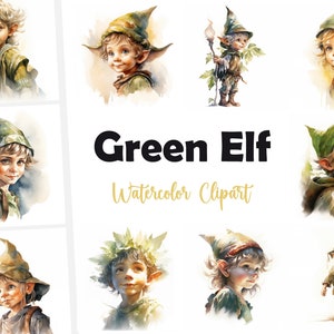 Green Elf Clipart, Forest Elf Images, 10 Watercolor Clip Art, Printable JPGs, Instant Download, Commercial Use, Paper craft