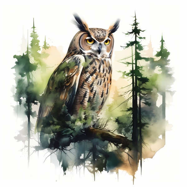 Forest Owl, Owl Forest Double Exposure - Watercolor Clipart Set with 10 JPG Images - Instant Download, Commercial Use, Digital Prints