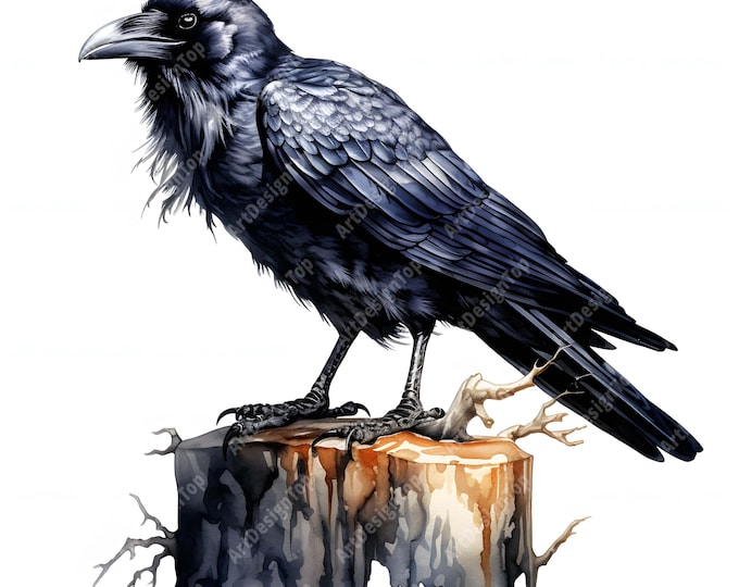 Ominous Raven Clipart, Common Raven Images, 10 Watercolor Clip Art, Printable JPGs, Instant Download, Commercial Use, Paper craft