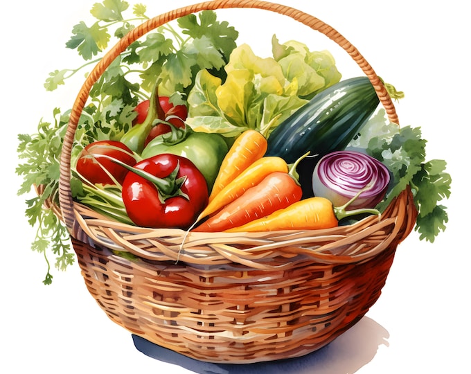 Vegetables Basket Clipart, Autumn Harvest Images, 10 Watercolor Clip Art, Printable JPGs, Instant Download, Commercial Use, Paper craft