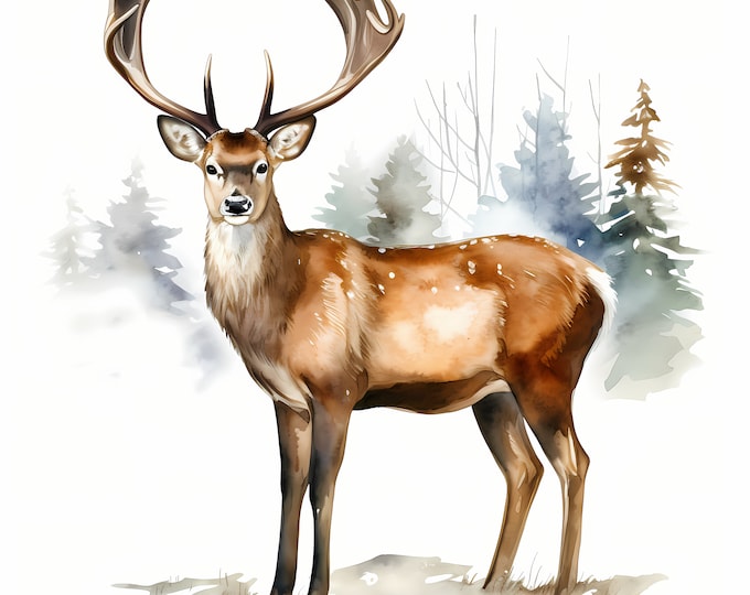 Christmas Deer Clipart, Red Deer in Winter Images, 10 Watercolor Clip Art, Printable JPGs, Instant Download, Commercial Use, Paper craft