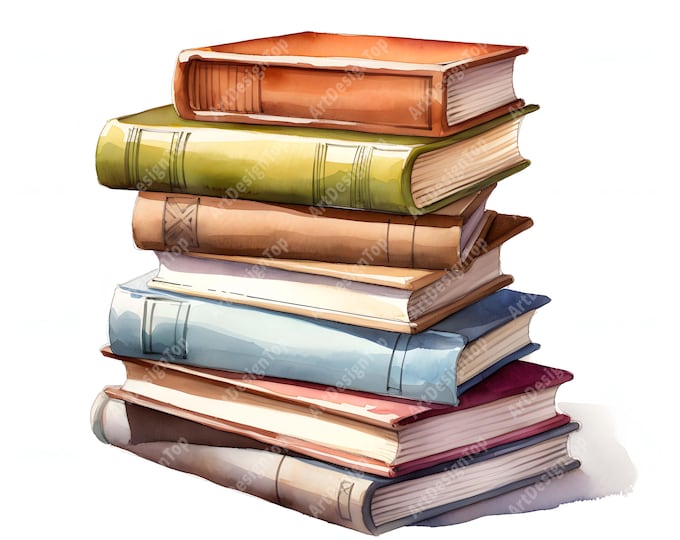 Stack Of Books Clipart, Books Stack Images, 10 Watercolor Clip Art, Printable JPGs, Instant Download, Commercial Use, Paper craft