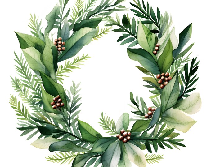 Christmas Wreath Clipart, Wreath With Leaves Images, 10 Watercolor Clip Art, Printable JPGs, Instant Download, Commercial Use, Paper craft