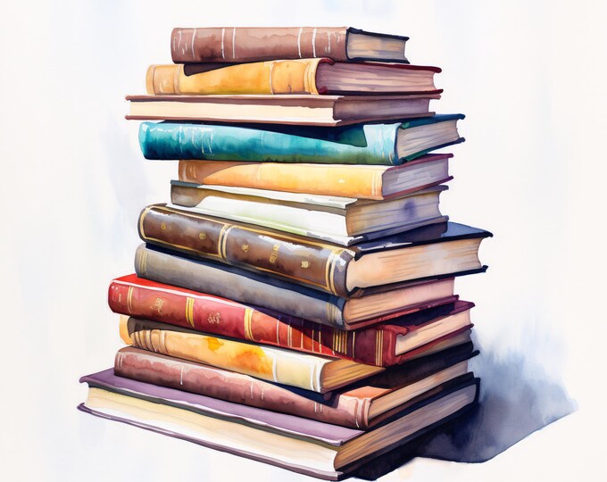 Book Pile Clipart, Stack of Books Images, 10 Watercolor Clip Art, Printable JPGs, Instant Download, Commercial Use, Paper craft