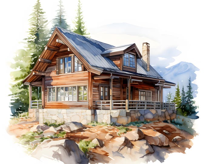 Mountain Cabin Clipart, Log Cabin Images, 10 Watercolor Clip Art, Printable JPGs, Instant Download, Commercial Use, Paper craft