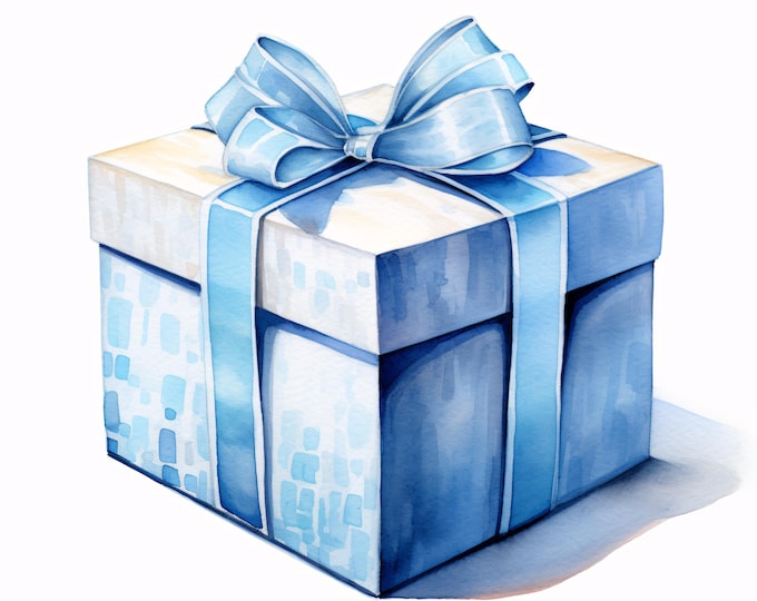 Blue Gift Box Clipart, Wrapped Present Images, 10 Watercolor Clip Art, Printable JPGs, Instant Download, Commercial Use, Paper craft