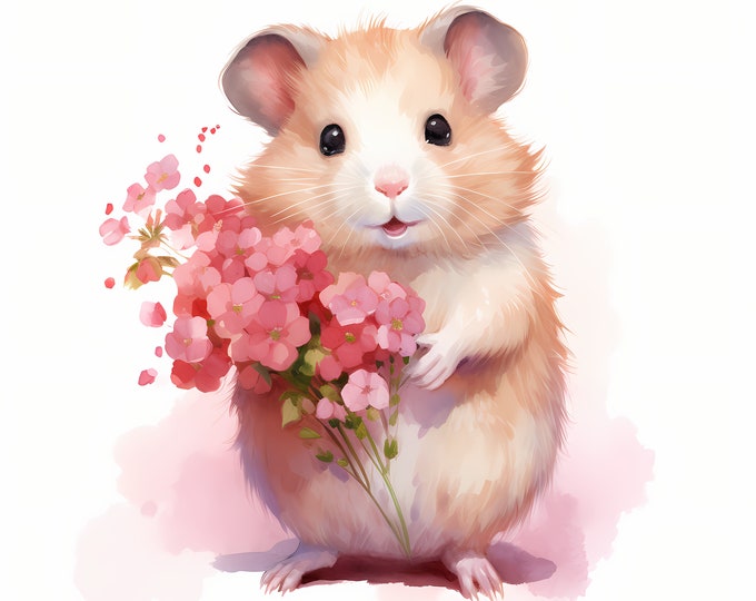 Cute Hamster Clipart, Hamster with Flowers Images, 10 Watercolor Clip Art, Printable JPGs, Instant Download, Commercial Use, Paper craft