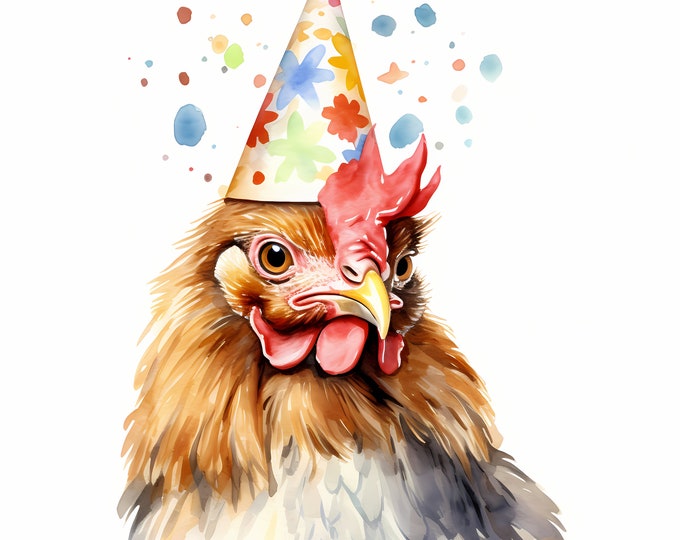 Chicken Clipart, Chick with Party Hat Images, 10 Watercolor Clip Art, Printable JPGs, Instant Download, Commercial Use, Paper craft