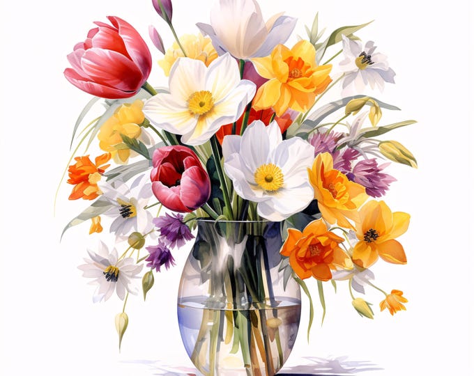 Spring Flower Bouquet Clipart, Vase Floral Images, 10 Watercolor Clip Art, Printable JPGs, Instant Download, Commercial Use, Paper craft