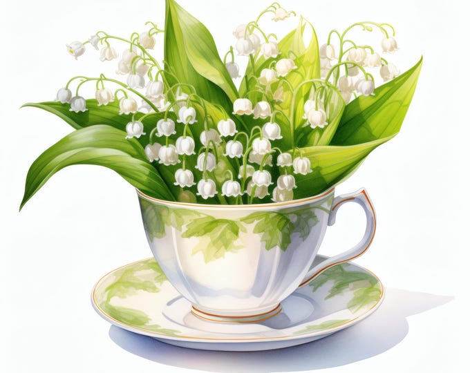 Lily of the Valley Clipart, Tea Cup Floral Images, 10 Watercolor Clip Art, Printable JPGs, Instant Download, Commercial Use, Paper craft