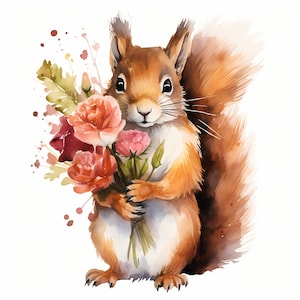 Clipart écureuil, écureuil avec fleurs, 10 images clipart aquarelle, fichiers JPG imprimables, téléchargement immédiat, usage commercial, créations en papier