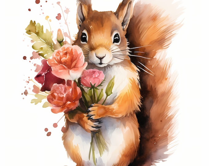 Squirrel Clipart, Squirrel with Flowers Images, 10 Watercolor Clip Art, Printable JPGs, Instant Download, Commercial Use, Paper craft