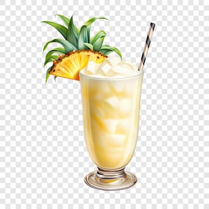 May include: A tall glass filled with a pale yellow blended beverage, topped with white foam and ice cubes. A slice of fresh yellow pineapple with green leaves is attached to the rim, and a black and white striped straw is inserted into the drink.