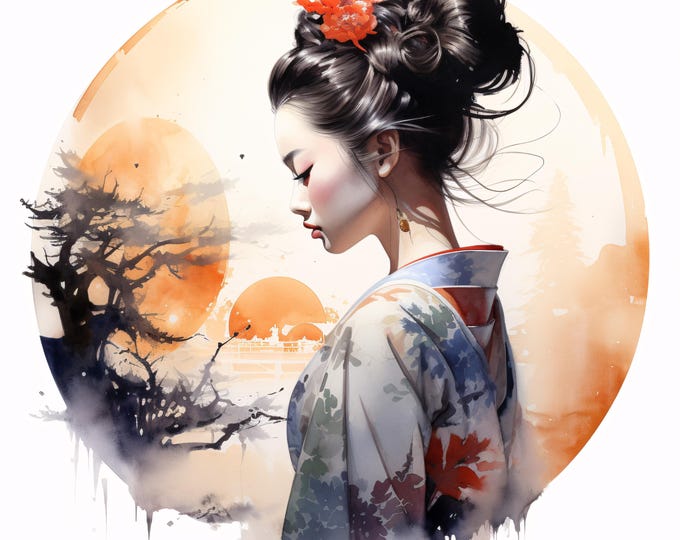 Geisha Clipart, Japanese Woman Images, 10 Watercolor Clip Art, Printable JPGs, Instant Download, Commercial Use, Paper craft