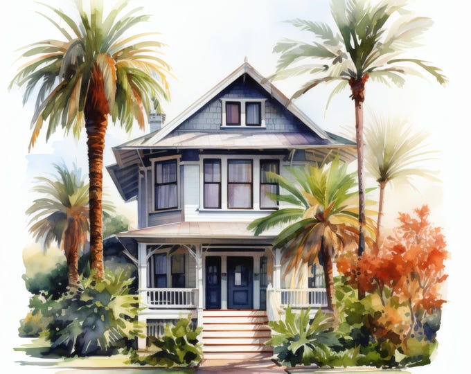 Hawaiian House Clipart, Tropical Home Images, 10 Watercolor Clip Art, Printable JPGs, Instant Download, Commercial Use, Paper craft