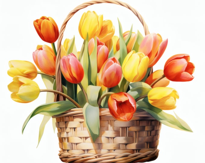 Tulips Basket Clipart, Spring Flowers Images, 10 Watercolor Clip Art, Printable JPGs, Instant Download, Commercial Use, Paper craft