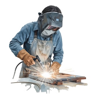 Può includere: Una persona con casco da saldatore, guanti e grembiule sta saldando il metallo. Scintille luminose emanano dalla torcia di saldatura mentre la persona lavora su un telaio metallico. La persona indossa una camicia di jeans blu.