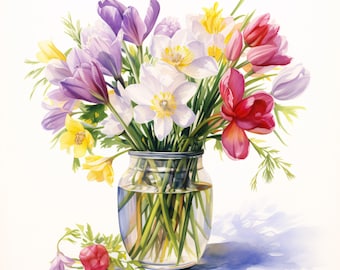 Blumenvase Clipart, verschiedene Blumenstrauß Bilder, 10 Aquarell Clip Art, druckbare JPGs, Sofort Download, kommerzielle Nutzung, Papiermodell