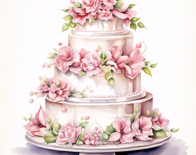 Wedding Cake Clipart, Floral Dessert Images, 10 Watercolor Clip Art, Printable JPGs, Instant Download, Commercial Use, Paper craft