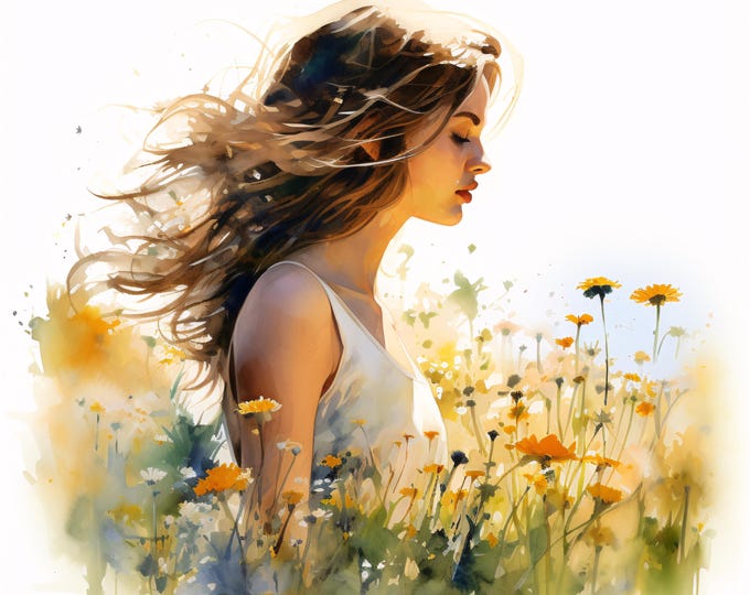 Girl in Wildflower Field Clipart, Summer Woman Images, 10 Watercolor Clip Art, Printable JPGs, Instant Download, Commercial Use, Paper craft