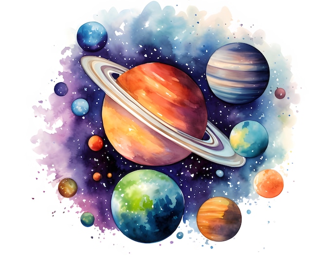 Galaxies Clipart, Stars Planets Images, 10 Watercolor Clip Art, Printable JPGs, Instant Download, Commercial Use, Paper craft