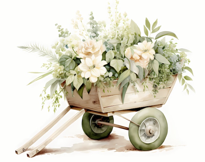 Floral Wheelbarrow Clipart, Green Wheel Barrows Images, 10 Watercolor Clip Art, Printable JPG, Instant Download, Commercial Use, Paper craft