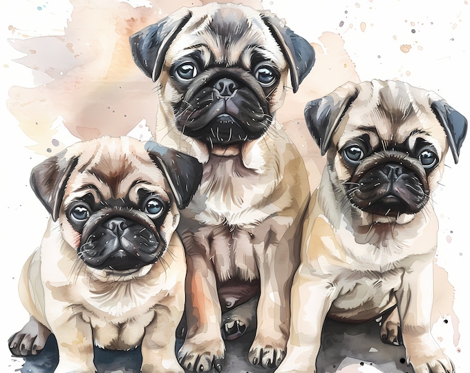 Pug Puppies Clipart, Pug Dogs Images, 10 Watercolor Clip Art, Printable JPGs, Instant Download, Commercial Use, Paper craft