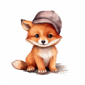 Baby Fox Clipart, Red Fox in Hat Images, 10 Watercolor Clip Art, Printable JPGs, Instant Download, Commercial Use, Paper craft