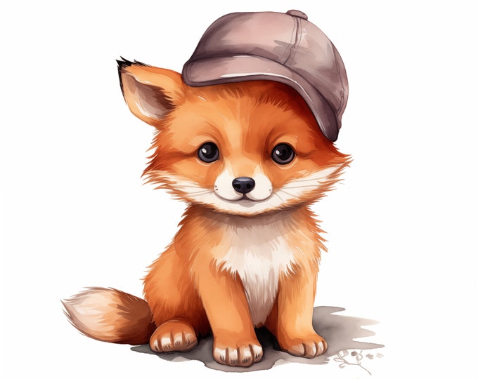 Baby Fox Clipart, Red Fox in Hat Images, 10 Watercolor Clip Art, Printable JPGs, Instant Download, Commercial Use, Paper craft