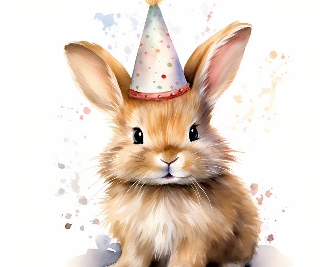 Bunny Clipart, Bunny with Party Hat Images, 10 Watercolor Clip Art, Printable JPGs, Instant Download, Commercial Use, Paper craft